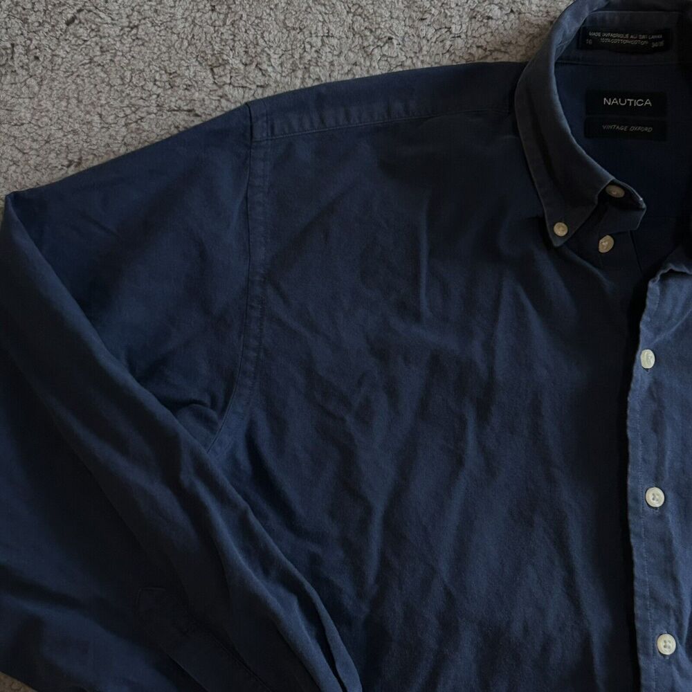 Nautica Mens Size 16 34/35 Button Down Shirt Vintage Oxford Blue Preppy - Picture 4 of 16